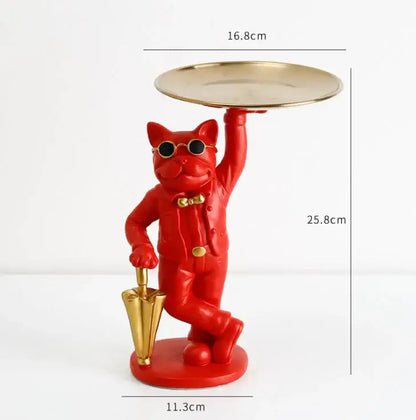 Red cat resin statue tray wearing sunglasses and suit holding gold umbrella, formal black and white cat decor for study room