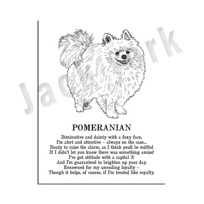 Framed black and white dog breed poetry poster featuring a playful pomeranian illustration for living room decorbites decor