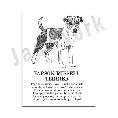 Framed black and white line drawing of parson russell terrier dog breed poetry poster for decorbites dog breed decor
