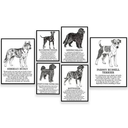 Set of six framed black and white dog breed poetry posters featuring detailed illustrations for decorbites dog breed decor