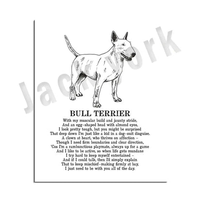 Framed black and white bull terrier dog breeds poster with poem decorbites dog breeds bedroom wall art decor