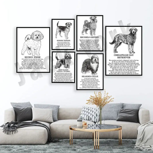 Set of framed black and white decorbites dog breeds posters with detailed illustrations for bedroom wall art decor