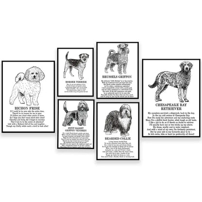Set of six framed black and white dog breeds poster illustrations with descriptive poetry for bedroom wall art decorbites dog breeds