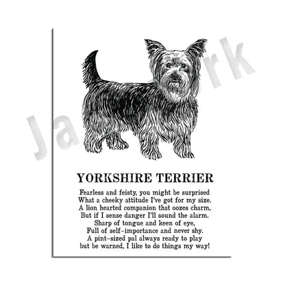 Framed black and white dog poetry poster featuring detailed yorkshire terrier line drawing for living room wall art