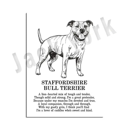 Framed black and white staffordshire bull terrier line drawing dog poetry poster for living room wall art