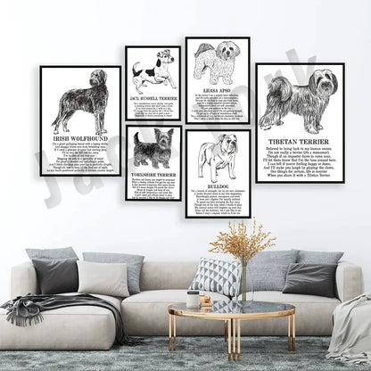 Set of framed black and white dog poetry posters with detailed illustrations and text for living room wall art