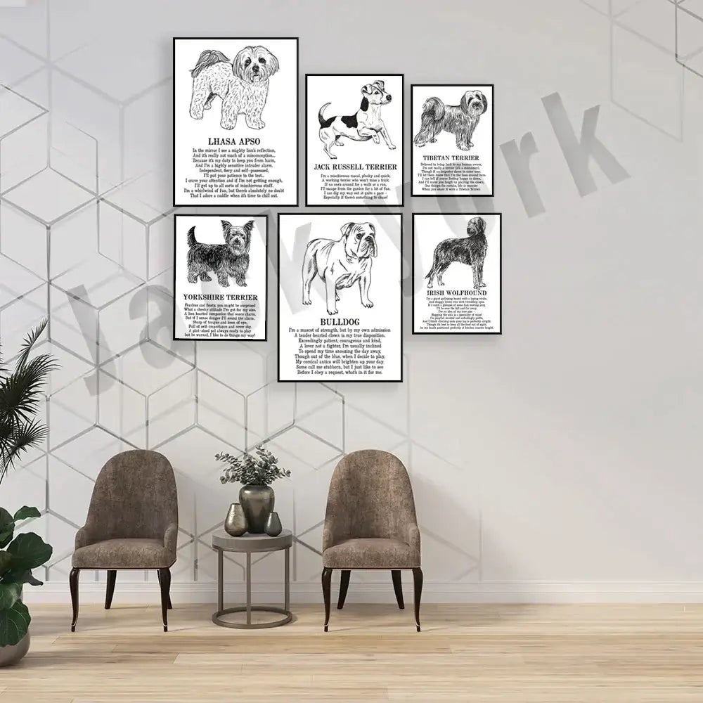 Set of six framed black and white dog poetry posters with detailed illustrations for living room wall art