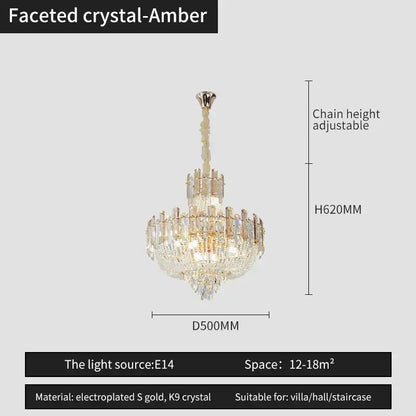 Faceted crystal-amber french bead chain crystal chandelier with electroplated gold and k9 crystal for dining room decorbites french bead
