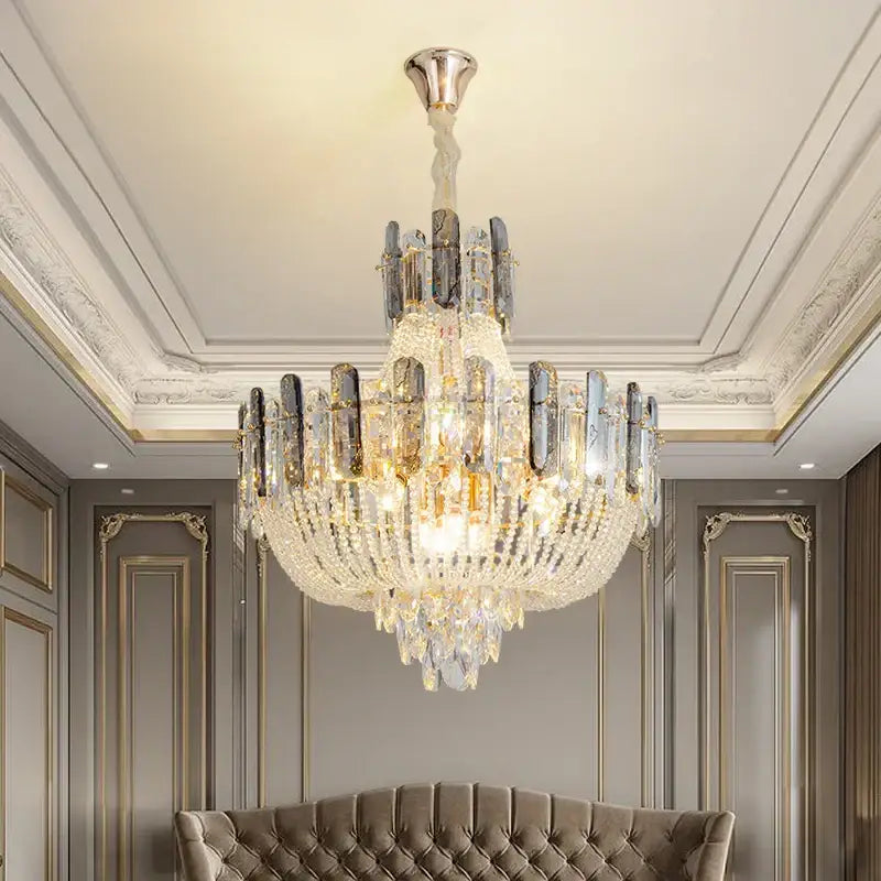 Luxurious decorbites french bead chain crystal chandelier with silver frame and cascading clear and dark gray glass rods