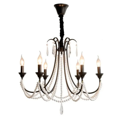 Antique bronze french black e14 candle chandelier adorned with cascading pearls and crystal teardrops for living room decor