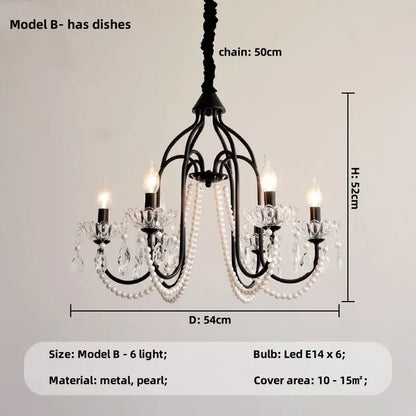 Black e14 candle chandelier with crystal accents and pearl strands for living room decorbites black e14 light