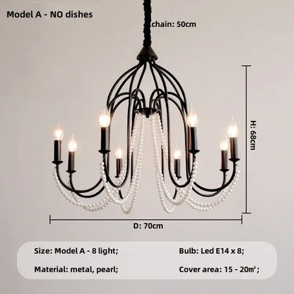 Black e14 candle chandelier with eight led lights and white pearl crystal strands for living room decorbites black e14