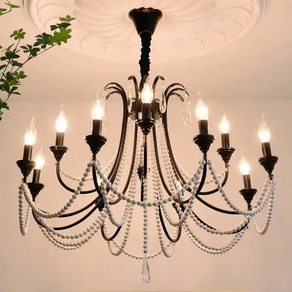 Antique bronze french black e14 candle chandelier with pearl strands and crystal droplets for living room decorbites black e14