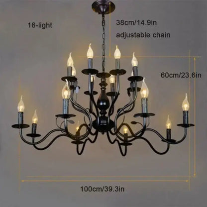 Black wrought iron french candle chandelier with 16 candle-style lights and adjustable chain for dining room decorbites french candle lighting