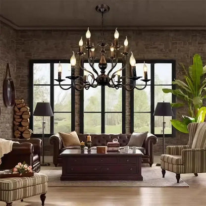 Black wrought iron french candle chandelier with multiple candle-style bulbs in antique bronze for dining room decorbites lighting