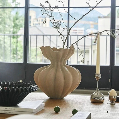 Beige ceramic French vase with fluted ruffled rim and ribbed body minimalist floral centerpiece for home decor and gifts