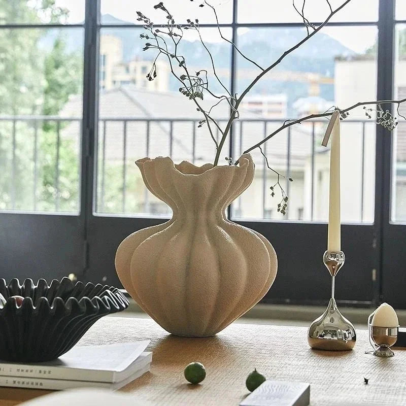 Beige ceramic French vase with fluted ruffled rim and ribbed body minimalist floral centerpiece for home decor and gifts