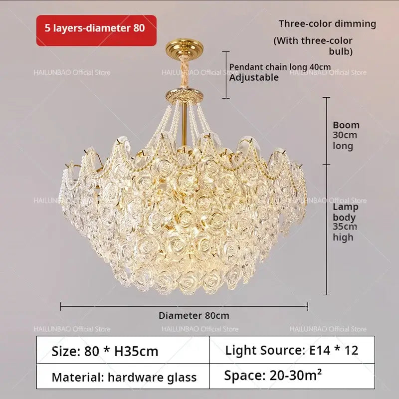 Luxurious gold-toned french chandelier pearl pendant light with rose-shaped crystals and three-color dimming for decorbites decor