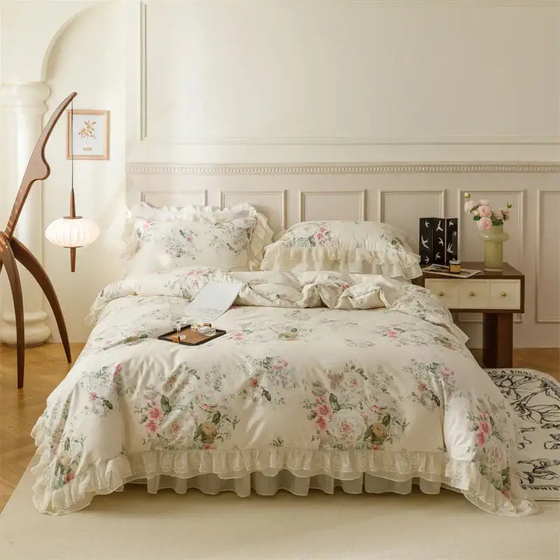 Cream-colored cotton bedding set with ruffled edges and pastel pink green beige blossoms for French country flowers decorbites