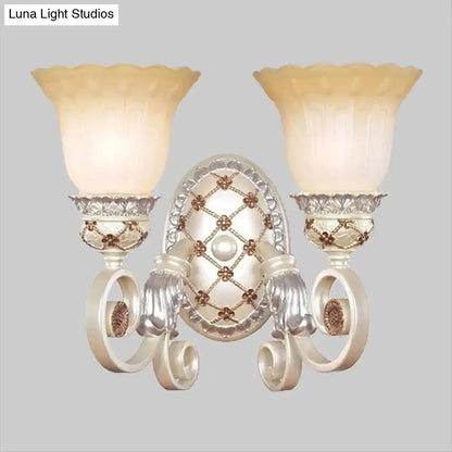 Antique white and gold ornate French country wall sconce with two opaline glass shades for living room gold light