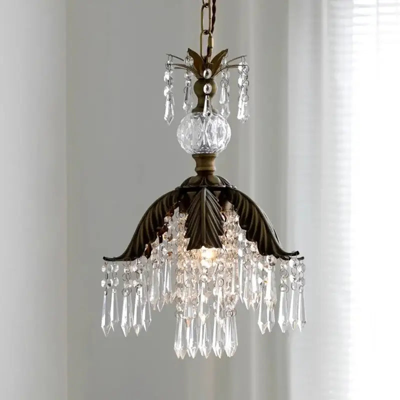 Antique bronze leaf-shaped french countryside pendant light with cascading clear crystal prisms and faceted globe by decorbites