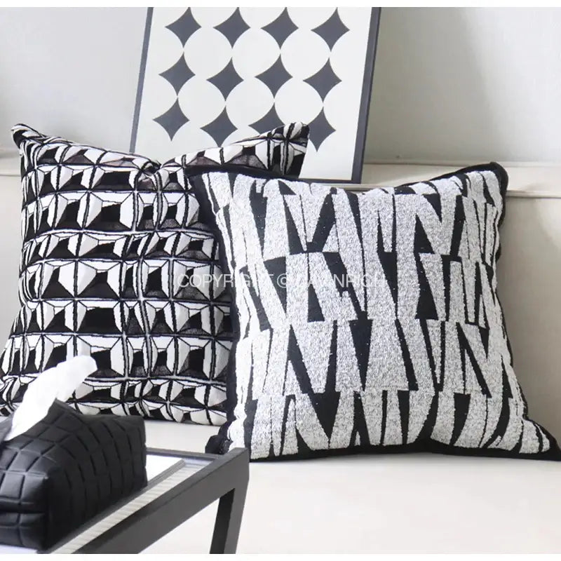 Black and silver geometric patterned french cream bubble cushion cover with textured embroidered decorbites french cream design