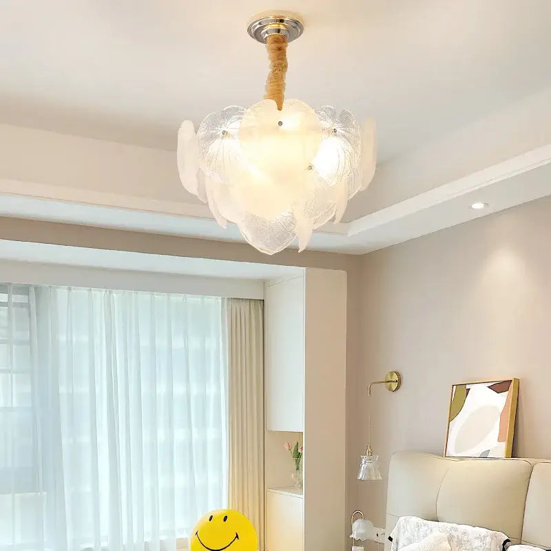 A french cream crystal chandelier with white petal glass and woven rope pendant for elegant living room decorbites french cream