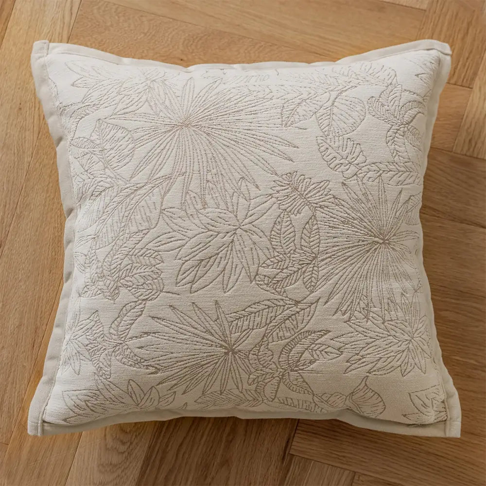 Beige french cream jacquard pillow covers with intricate embroidered tropical leaf patterns for living room decorbites decor