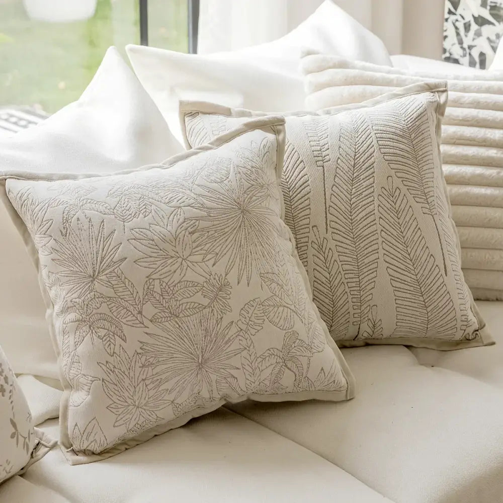Beige french cream jacquard pillow cover with embroidered leaf patterns for living room decor by decorbites french cream
