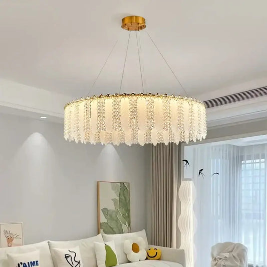 A french cream wind crystal chandelier with gold ceiling mount and cascading clear crystals for living room decorbites french cream