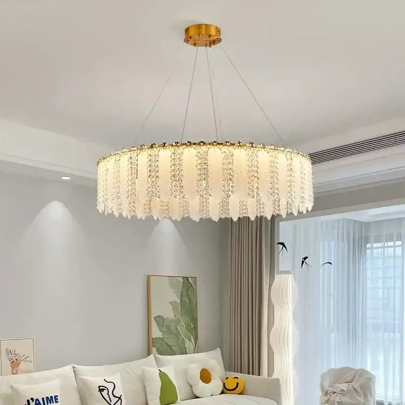 A french cream wind crystal chandelier with gold ceiling mount and cascading clear crystals for living room decorbites french cream