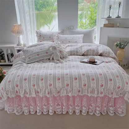 Pink and white floral bedding set with lace trim featuring decorbites french floral print quilted duvet cover