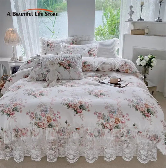 Floral-patterned white bedding set with delicate lace trim featuring decorbites french floral print quilted duvet cover