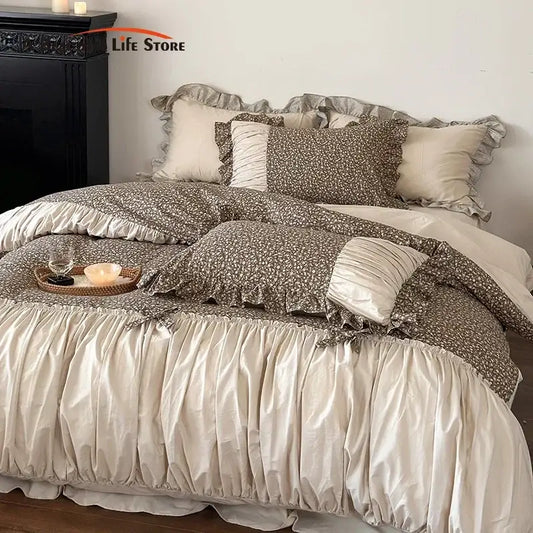Beige and brown floral ruffled bedding set with satin-like fabric from decorbites french floral washed cotton collection