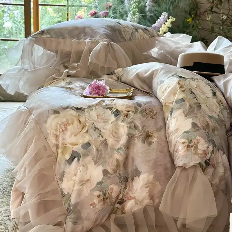 Blush pink bedding set with french flowers lace, delicate ruffled layers, and soft satin base by decorbites french flowers
