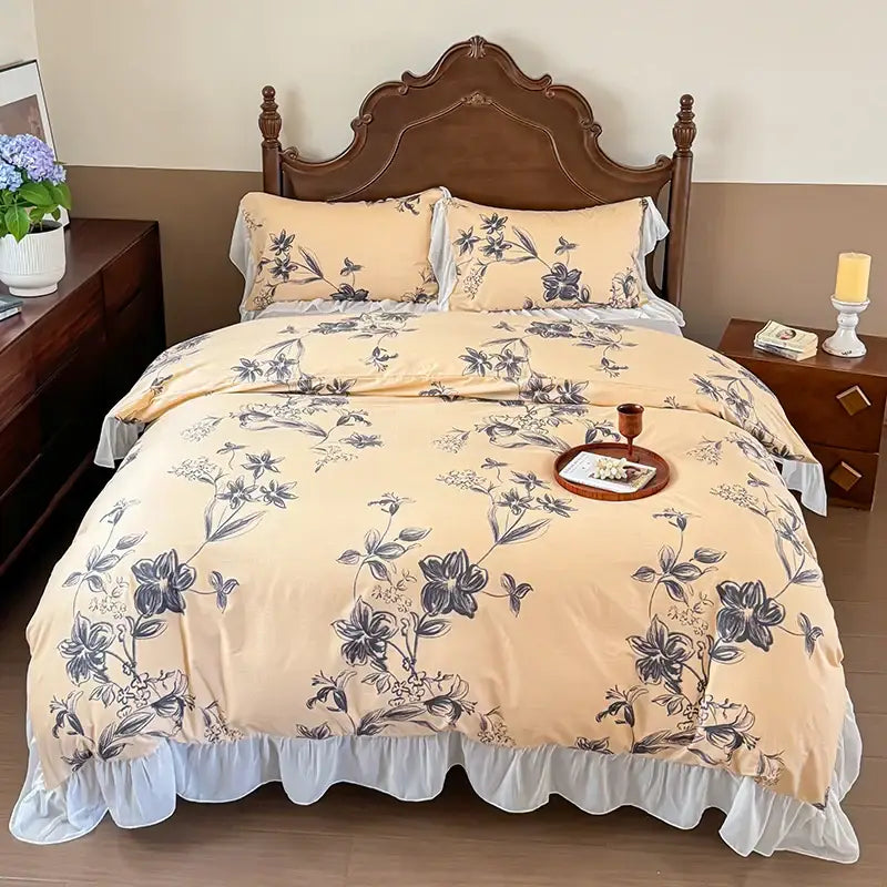 Beige floral bedding set with dark gray botanical prints and delicate white lace ruffles from decorbites french flowers lace collection