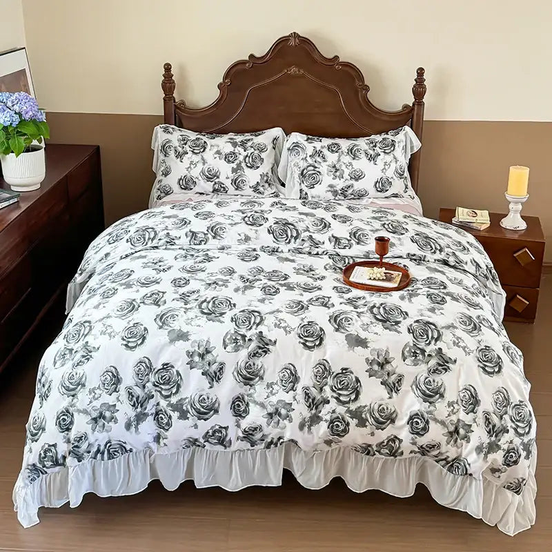 White duvet cover with black and gray rose pattern and ruffled hem from decorbites french flowers lace bedding set