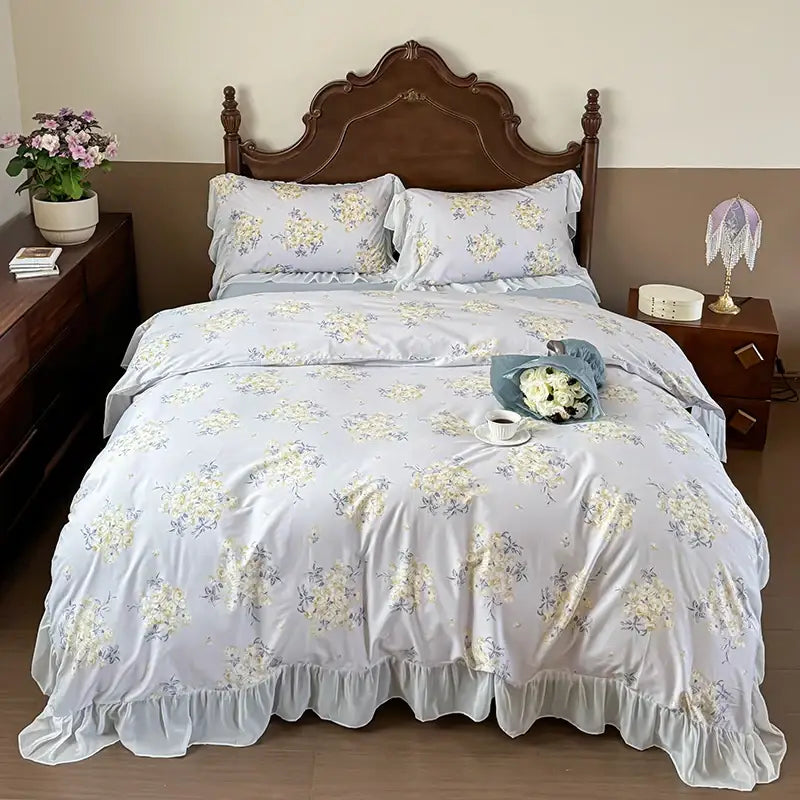 Light blue floral bedding set with delicate french flowers lace ruffles and satin-like finish for elegant decorbites decor
