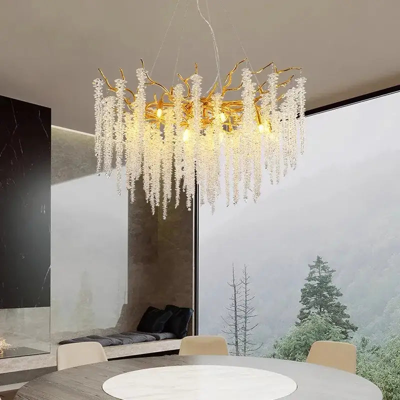 French golden crystal branch chandelier with golden antler design and cascading clear crystal droplets decorbites crystal branch