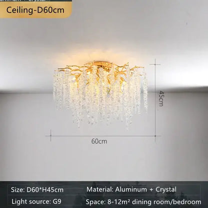 French golden decorbites crystal branch chandelier with gold-toned ceiling light, cascading crystal droplets, and aluminum frame