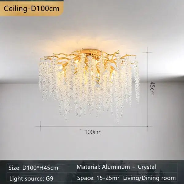 Gold-toned decorbites crystal branch chandelier with aluminum frame and cascading crystal droplets for living room decor