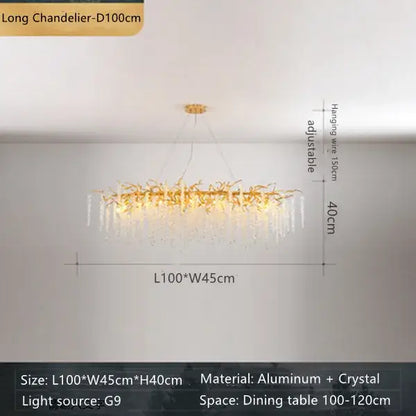 Golden crystal branch chandelier for living room featuring aluminum frame and dangling crystal droplets by decorbites crystal branch