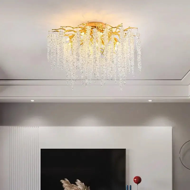 French golden crystal branch chandelier with cascading clear crystal droplets by decorbites crystal branch for living room decor