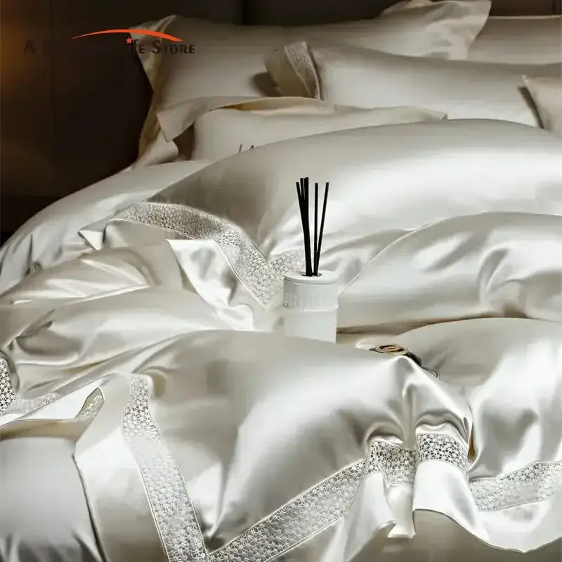 White satin bedding set with silver lace trim in decorbites french hollow luxury style for elegant bedroom decor