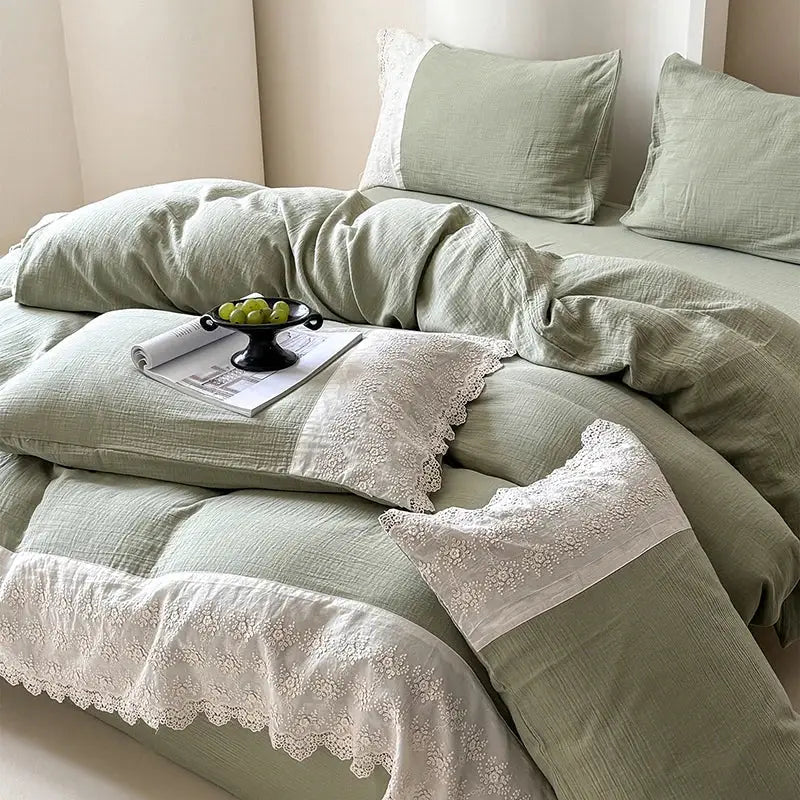 Mint green linen duvet set with delicate white lace trim from decorbites french lace cotton bedding set collection