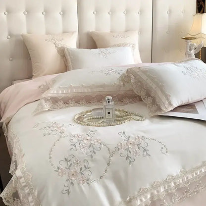 Elegant ivory satin bedding set with delicate pink and silver floral embroidery and lace trim decorbites french lace flowers