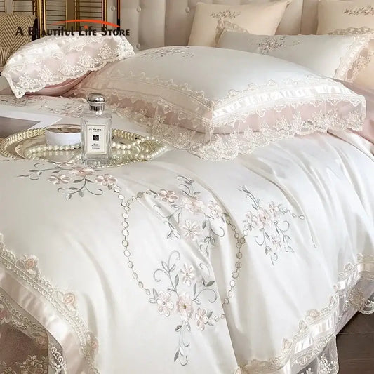 Elegant ivory satin bedding set with delicate pink and silver floral embroidery and lace trim decorbites french lace flowers