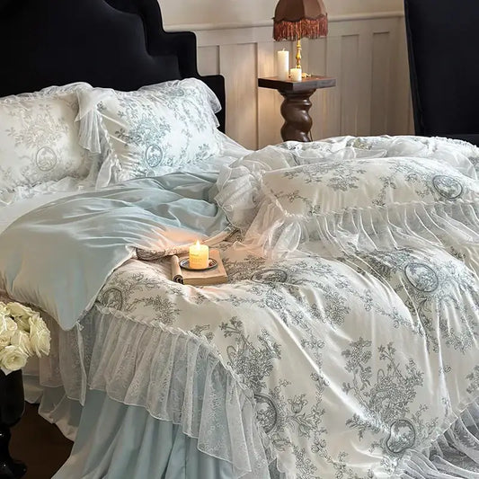 Elegant light blue and white bedding set with lace ruffles and delicate floral embroidery by decorbites french lace