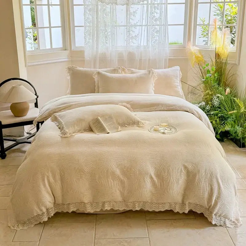 Cream-colored textured cotton bedding set with delicate french lace ruffles trim for decorbites french lace bedroom decor