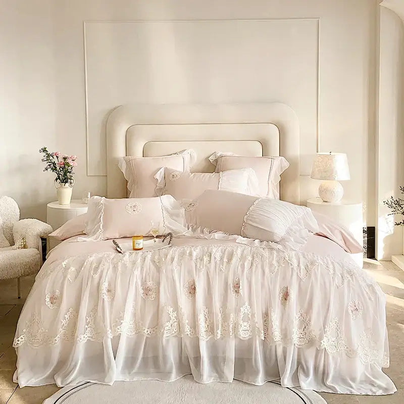 Delicate blush-pink satin bedding set with french lace ruffles embroidered floral details for bedroom decorbites decor